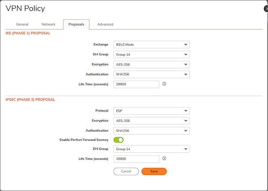 Screenshot of sonicwall VPN policy settings on the Proposal tab